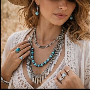 Boho Turquoise Statement Necklace & Earrings Set Silver Layered Chain Western